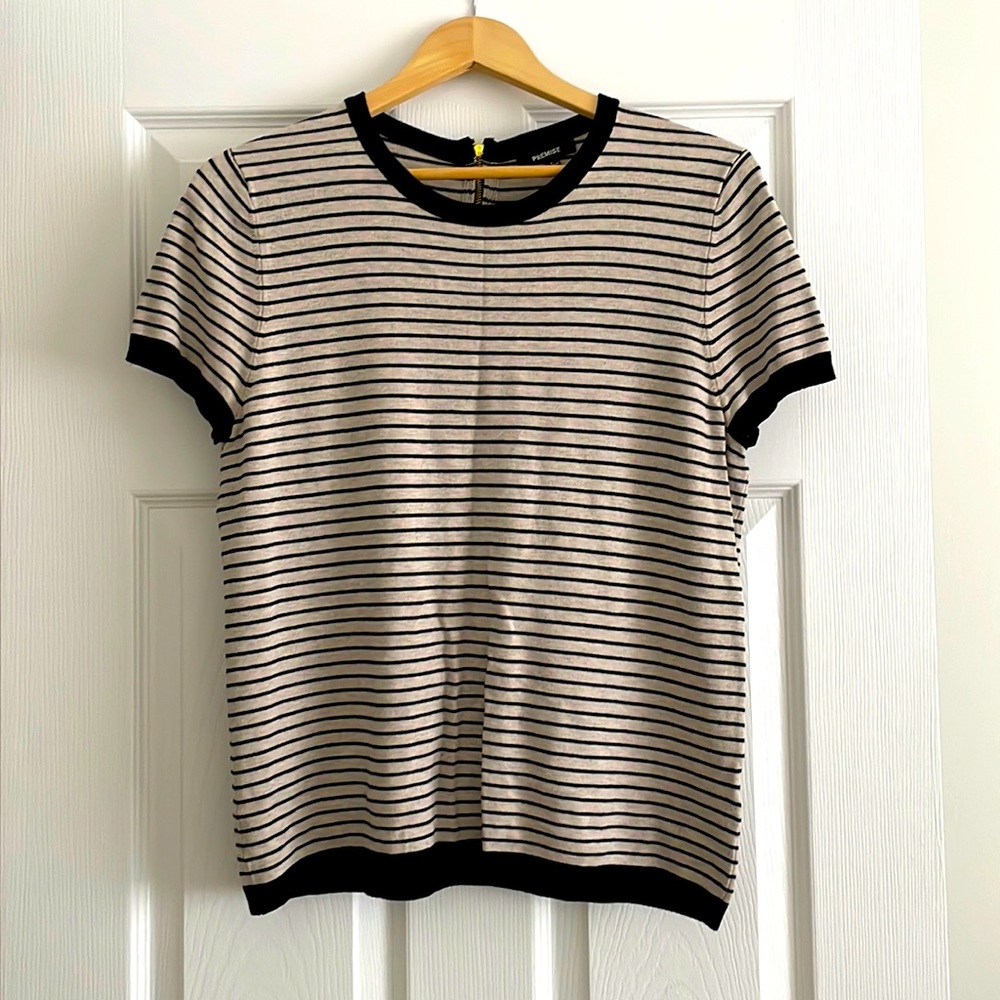 Premise Beige & Black Stripe Short Sleeve Sweater, Size L